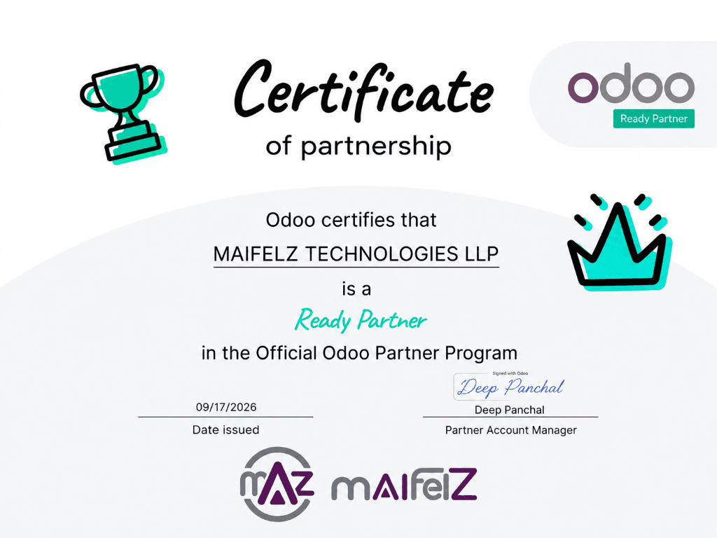 Official Odoo Ready Partner Certificate - MAIFELZ TECHNOLOGIES LLP Official Odoo Ready Partner Certificate - MAIFELZ TECHNOLOGIES LLP